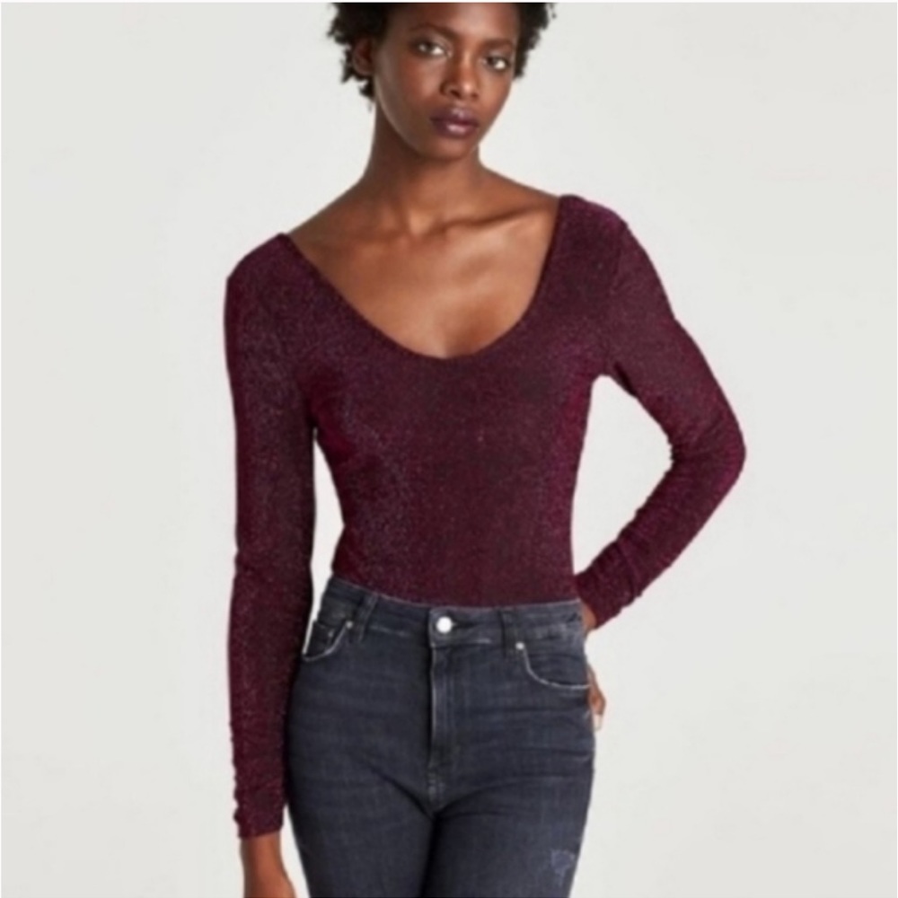 NWT Zara Metallic Bodysuit Purple Glitter Festive New Years Eve